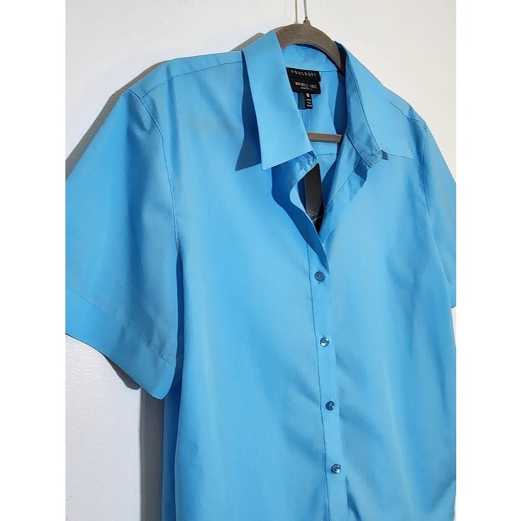 Foxcroft Womens Blue Short Sleeve Button-Down Shirt Size 18 NWT Flaw
