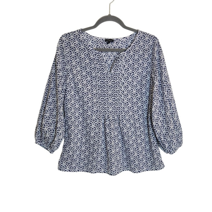 Talbots Blue and White Print Pintuck Cotton Blouse Size Small