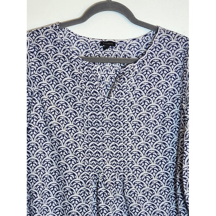 Talbots Blue and White Print Pintuck Cotton Blouse Size Small