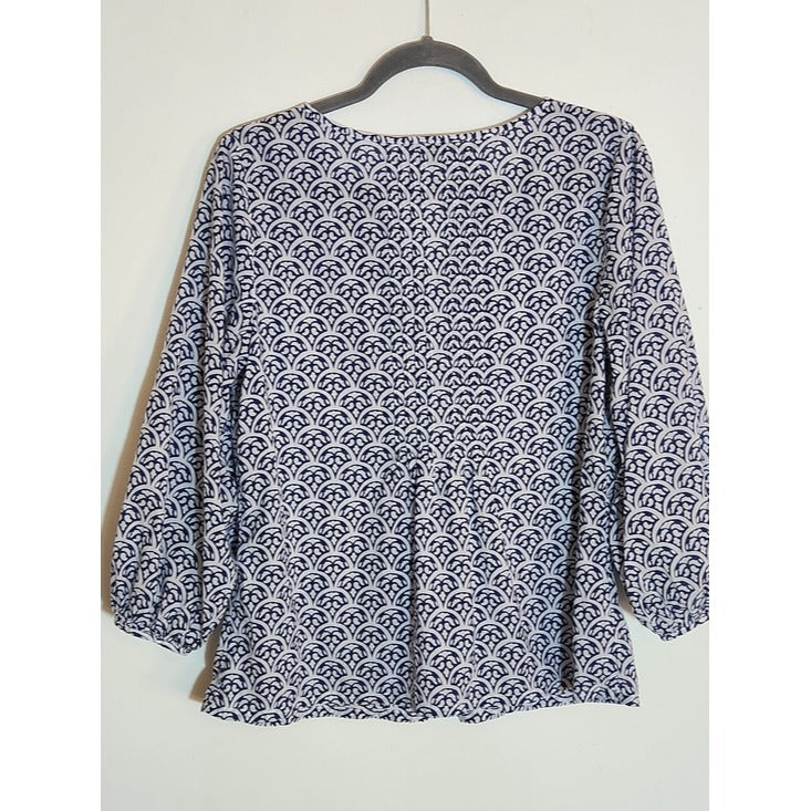 Talbots Blue and White Print Pintuck Cotton Blouse Size Small