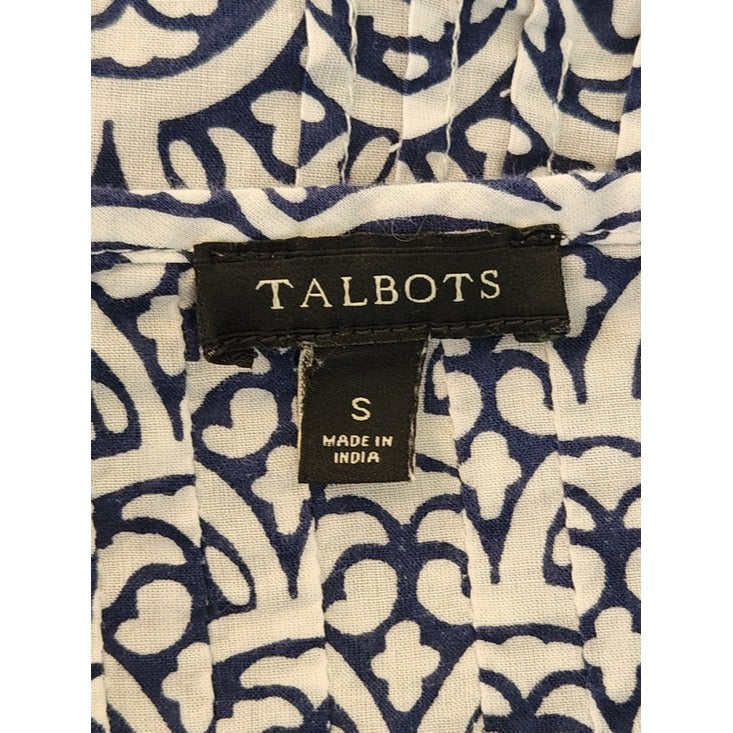 Talbots Blue and White Print Pintuck Cotton Blouse Size Small