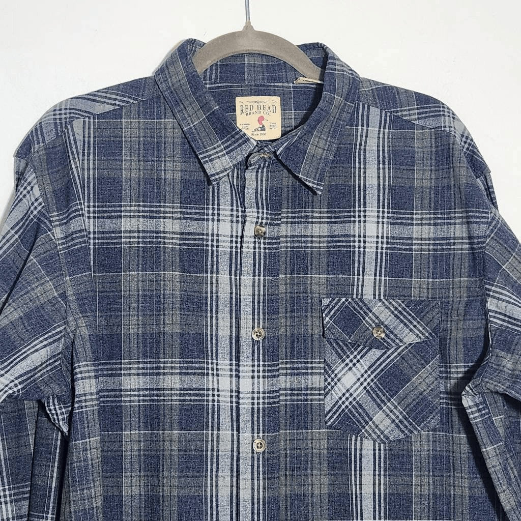 Red Head Blue and Gray Plaid Button Down Shirt Size XL Casual Plaid Button-Up