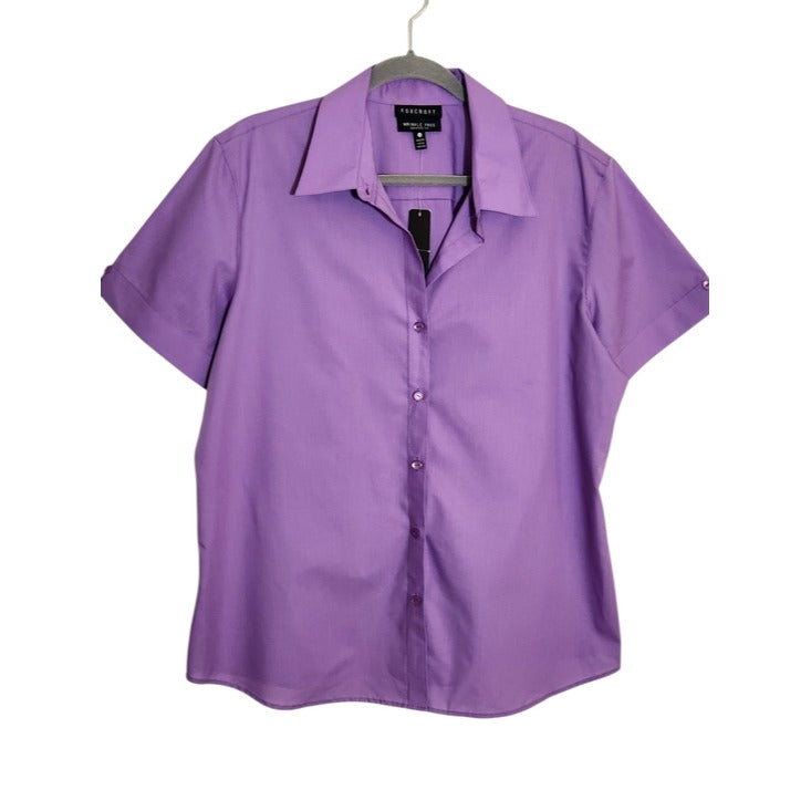 Foxcroft Womens Purple Short Sleeve Button-Down Shirt Size 18 NWT Flaw