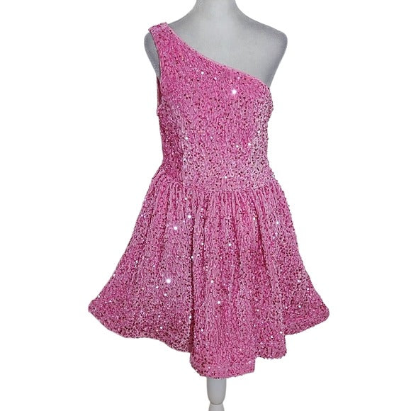 Faeriesty Pink One-Shoulder Sequin Cocktail Dress Size Large Pink Mini Dress
