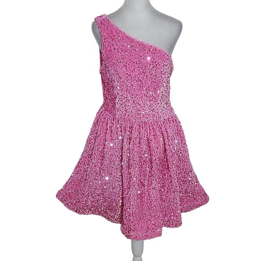 Faeriesty Pink One-Shoulder Sequin Cocktail Dress Size Large Pink Mini Dress