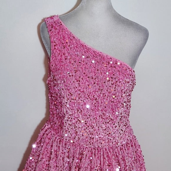 Faeriesty Pink One-Shoulder Sequin Cocktail Dress Size Large Pink Mini Dress