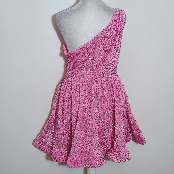Faeriesty Pink One-Shoulder Sequin Cocktail Dress Size Large Pink Mini Dress