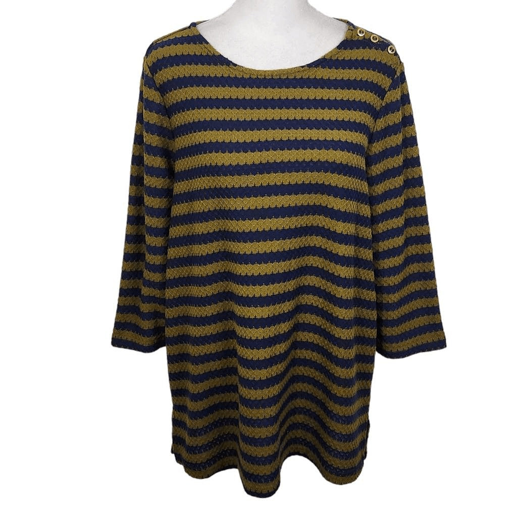 Isaac Mizrahi Navy and Green Stripe Top Size XS Striped Preppy Knit Top