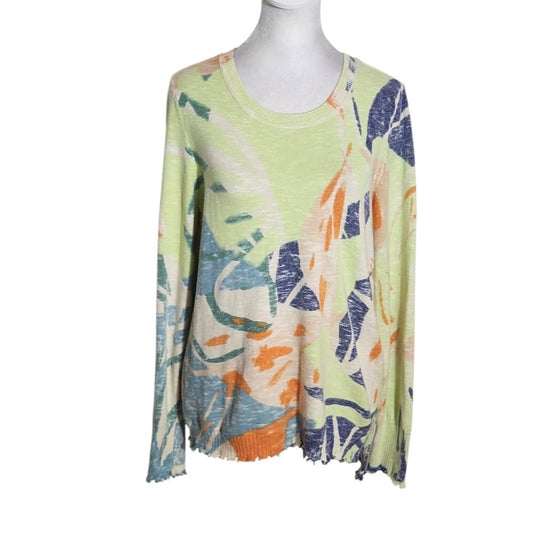 NIC + ZOE Green Abstract Print Sweater with Distressed Hem Size Small