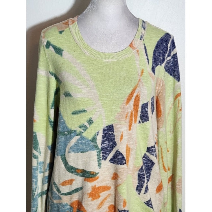 NIC + ZOE Green Abstract Print Sweater with Distressed Hem Size Small