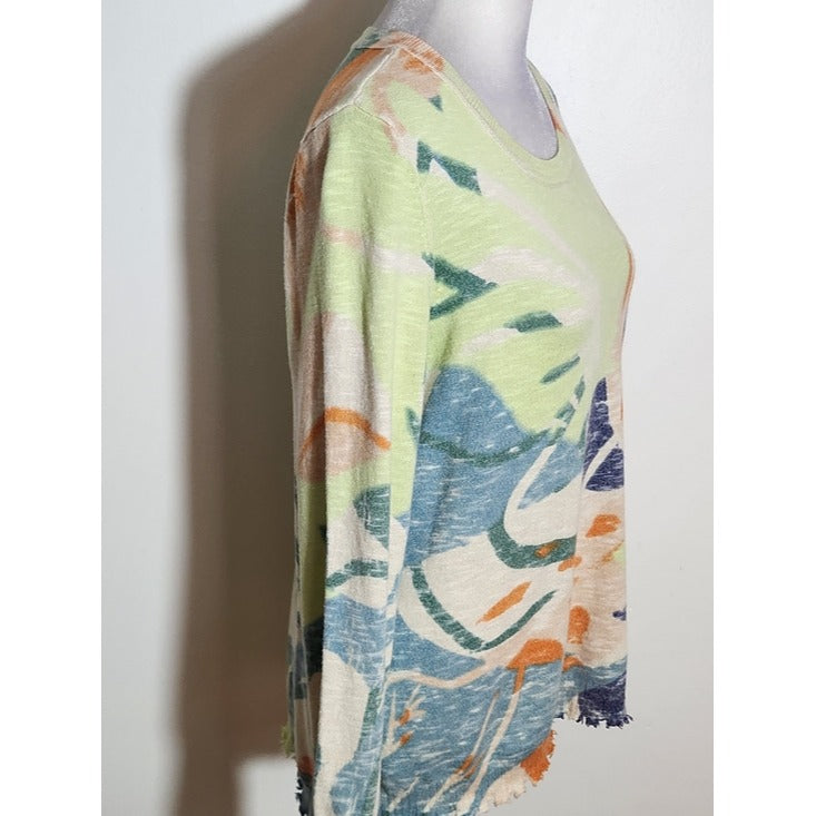 NIC + ZOE Green Abstract Print Sweater with Distressed Hem Size Small