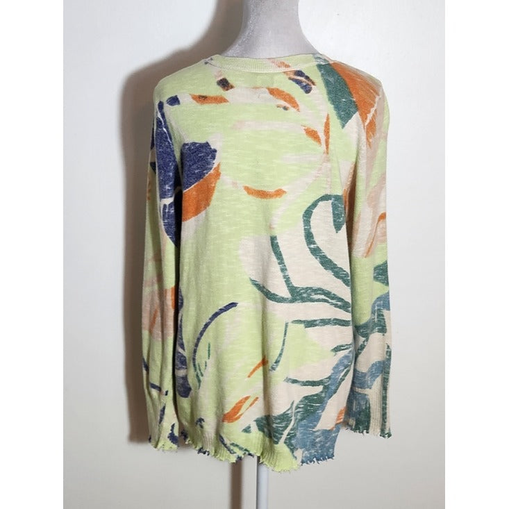 NIC + ZOE Green Abstract Print Sweater with Distressed Hem Size Small