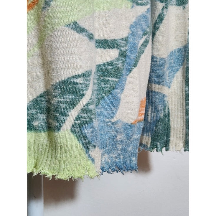 NIC + ZOE Green Abstract Print Sweater with Distressed Hem Size Small