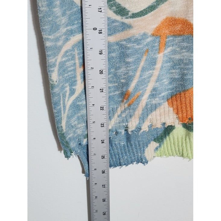 NIC + ZOE Green Abstract Print Sweater with Distressed Hem Size Small