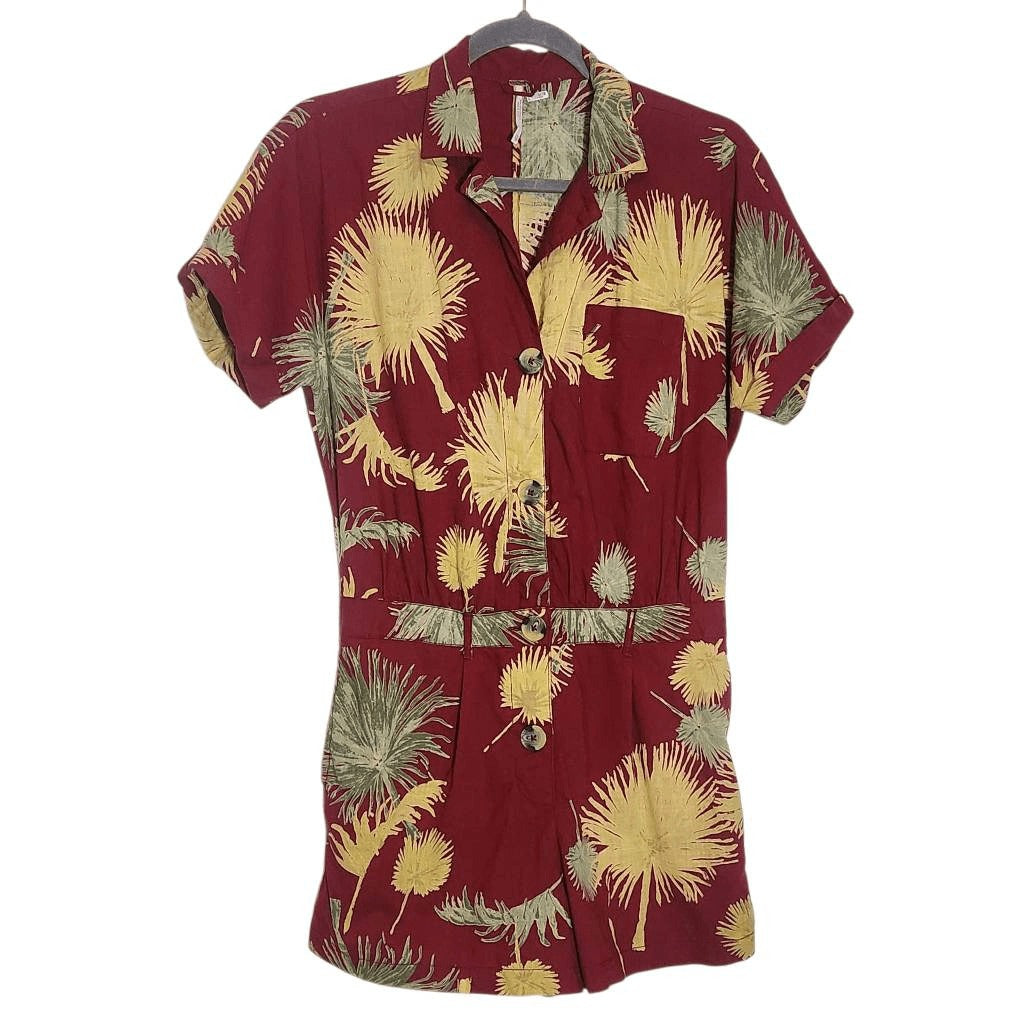 Free People Burgundy Tropical Print Short Romper Size XS Red and Gold Romper