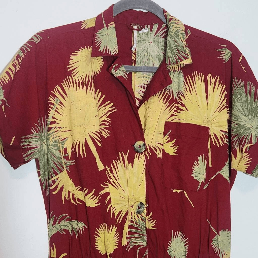 Free People Burgundy Tropical Print Short Romper Size XS Red and Gold Romper