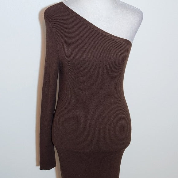 Jolie & Joy Brown Ribbed Knit Bodycon One-Shoulder Midi Dress NWT Size Medium