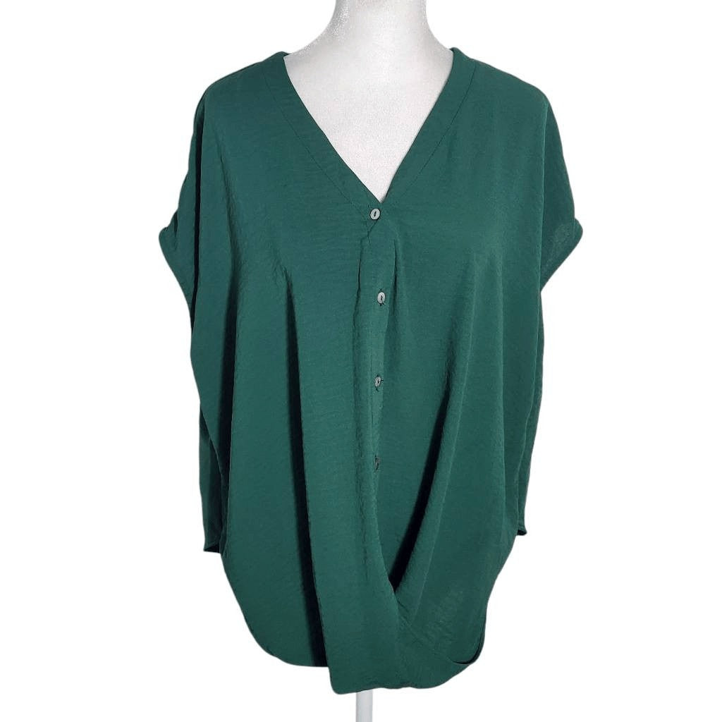 She + Sky Green High Low Draped Blouse Size Large Emerald Green Button-Up Top