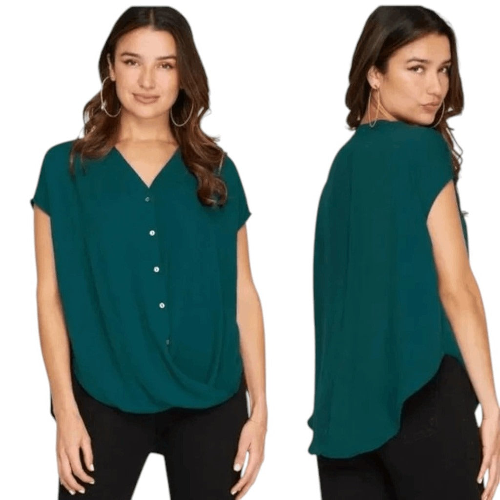 She + Sky Green High Low Draped Blouse Size Large Emerald Green Button-Up Top