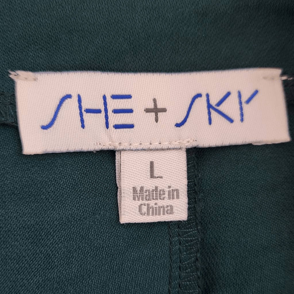 She + Sky Green High Low Draped Blouse Size Large Emerald Green Button-Up Top