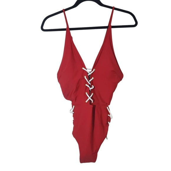 Yira Red Lace-Up One-Piece Swimsuit Size Medium, New
