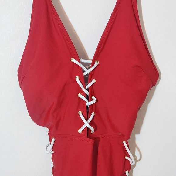 Yira Red Lace-Up One-Piece Swimsuit Size Medium, New