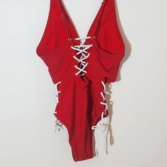 Yira Red Lace-Up One-Piece Swimsuit Size Medium, New