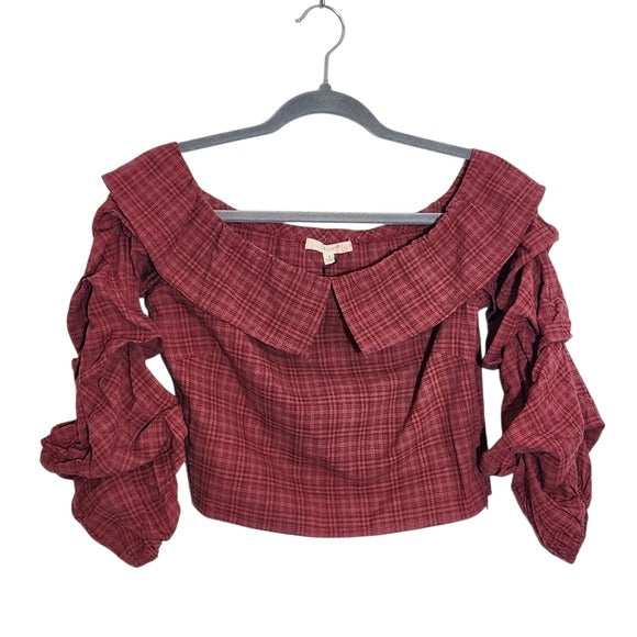 Le Lis Wine Red Plaid Off Shoulder Crop Top Size Small NWT
