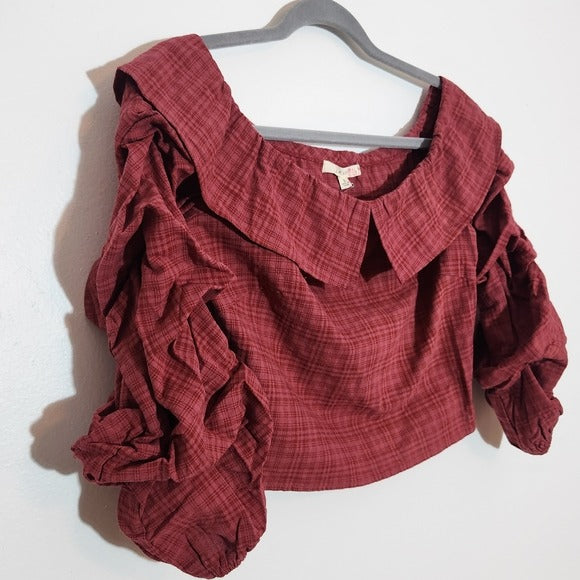 Le Lis Wine Red Plaid Off Shoulder Crop Top Size Small NWT