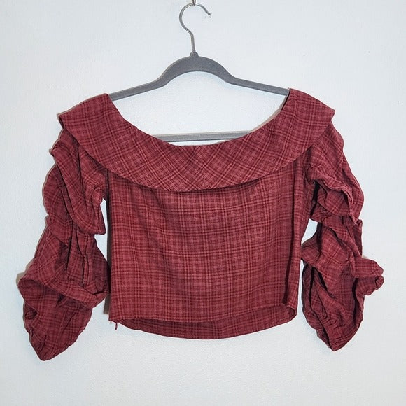 Le Lis Wine Red Plaid Off Shoulder Crop Top Size Small NWT