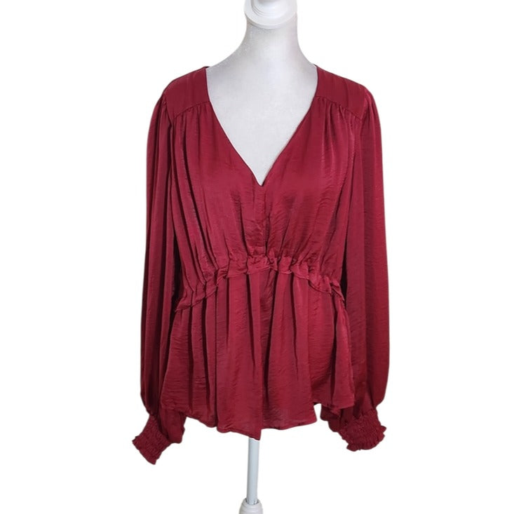Umgee Burgundy Satin Sheen Babydoll Blouse Size Large