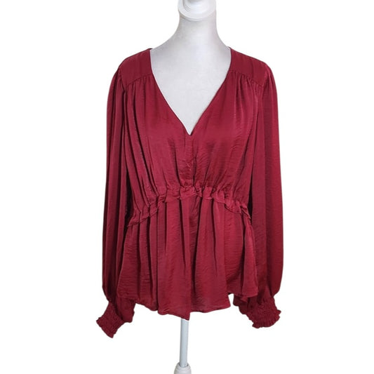 Umgee Burgundy Satin Sheen Babydoll Blouse Size Large