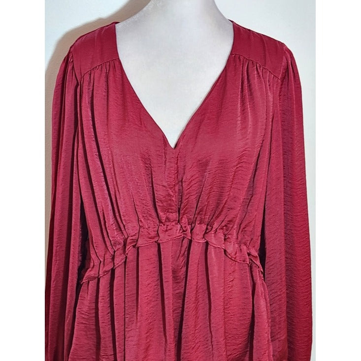 Umgee Burgundy Satin Sheen Babydoll Blouse Size Large