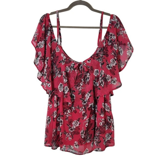 Torrid Pink Floral Blouse with Ruffle Neckline and Shoulder Cut Outs Size 2X