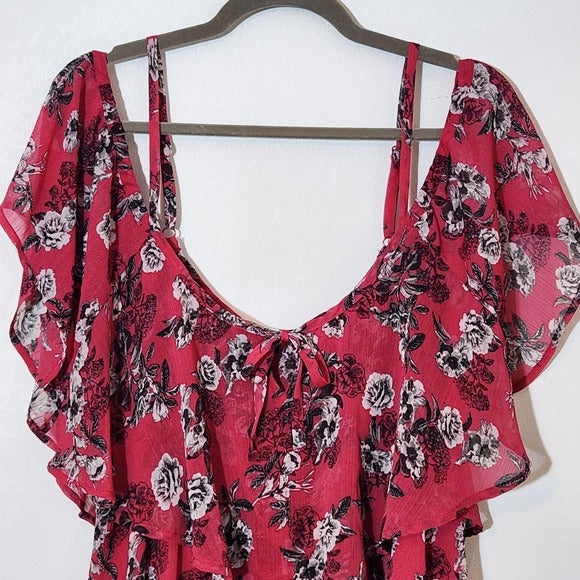 Torrid Pink Floral Blouse with Ruffle Neckline and Shoulder Cut Outs Size 2X