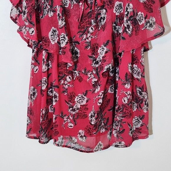 Torrid Pink Floral Blouse with Ruffle Neckline and Shoulder Cut Outs Size 2X