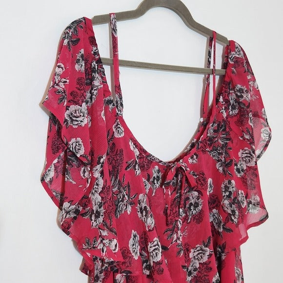 Torrid Pink Floral Blouse with Ruffle Neckline and Shoulder Cut Outs Size 2X