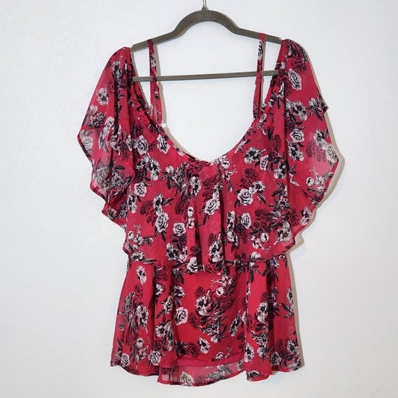 Torrid Pink Floral Blouse with Ruffle Neckline and Shoulder Cut Outs Size 2X