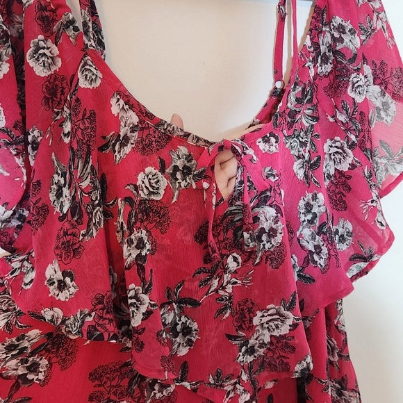 Torrid Pink Floral Blouse with Ruffle Neckline and Shoulder Cut Outs Size 2X