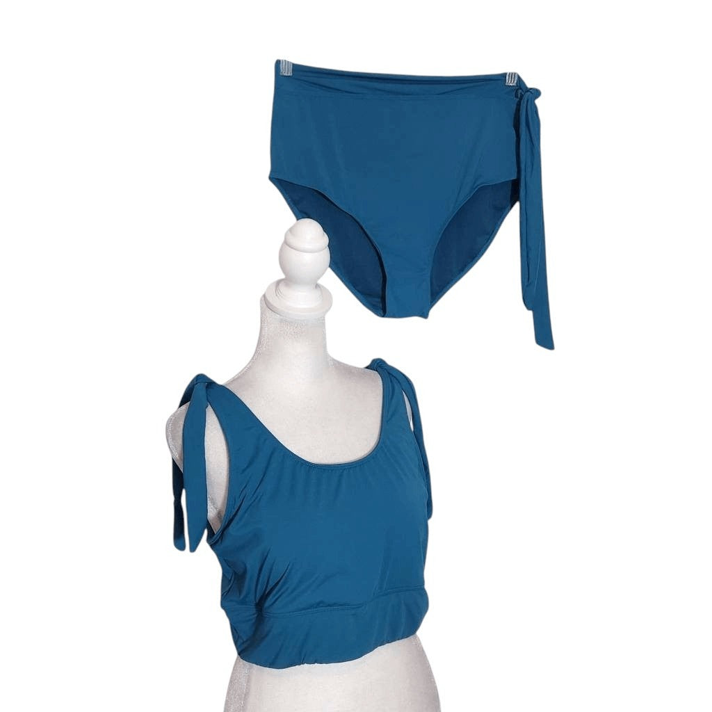 Yonique Teal Blue Bikini with High Waist Bottoms and Tie Detail NWT Size Large