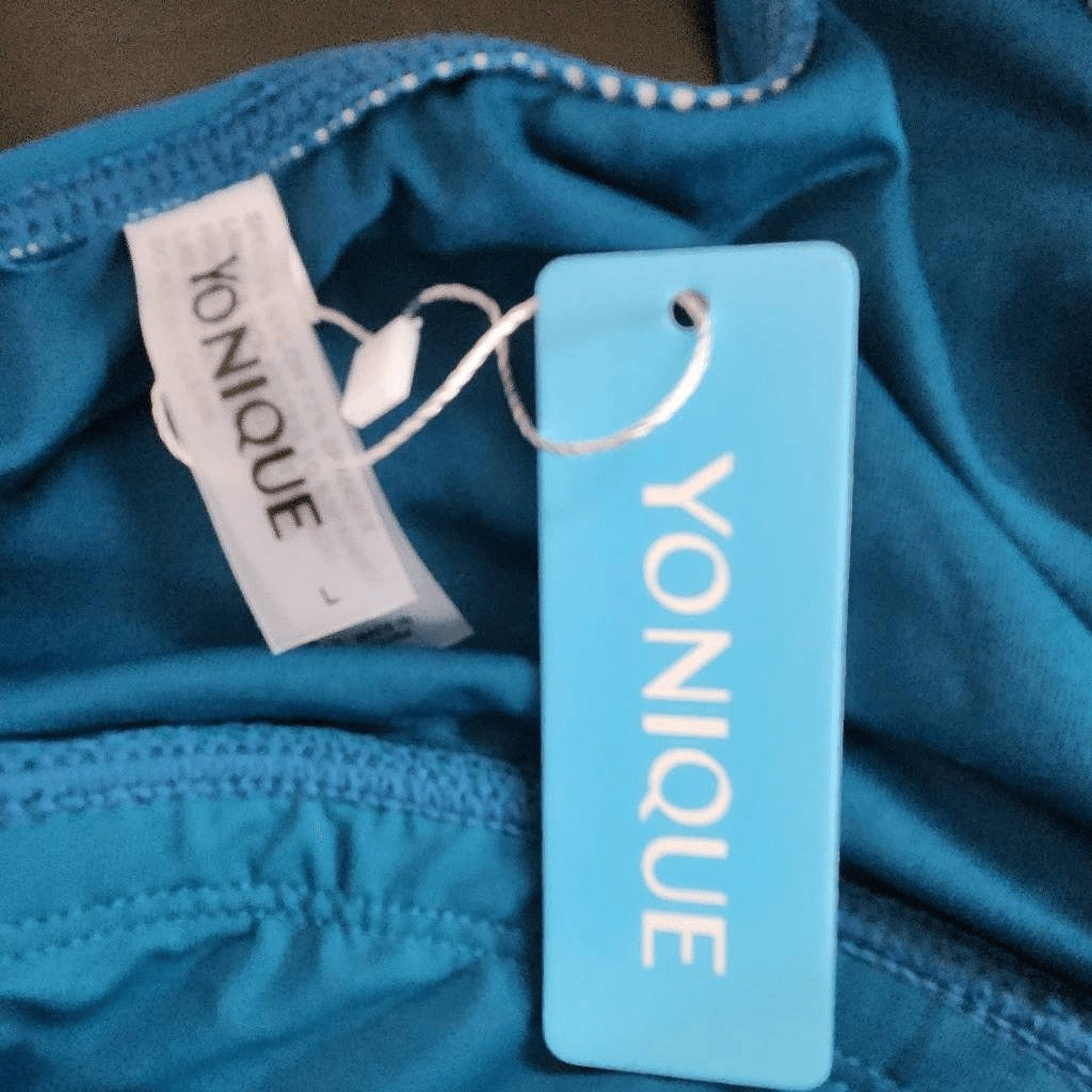 Yonique Teal Blue Bikini with High Waist Bottoms and Tie Detail NWT Size Large