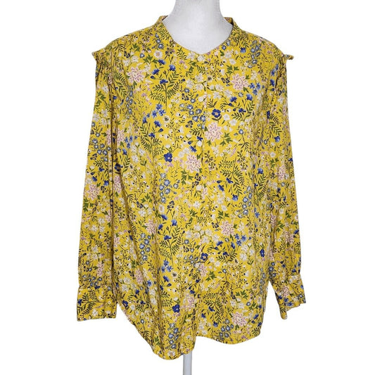 Old Navy Yellow Floral Button Down Blouse Size XL Cottagecore Floral Top