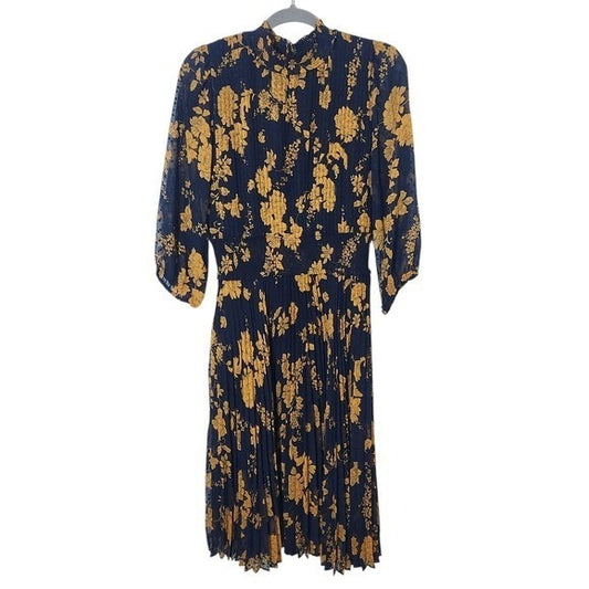 Nanette Lepore Navy and Gold Floral Dress NWT Sz 14 Pleated Wedding Guest Dress