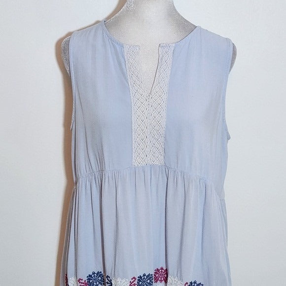L. Love Blue Embroidered Sleeveless Top Size Medium Light Blue Boho Blouse