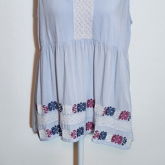 L. Love Blue Embroidered Sleeveless Top Size Medium Light Blue Boho Blouse