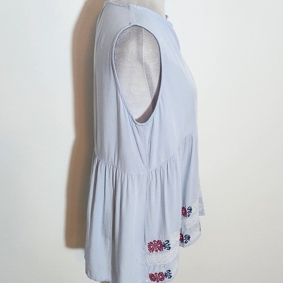 L. Love Blue Embroidered Sleeveless Top Size Medium Light Blue Boho Blouse