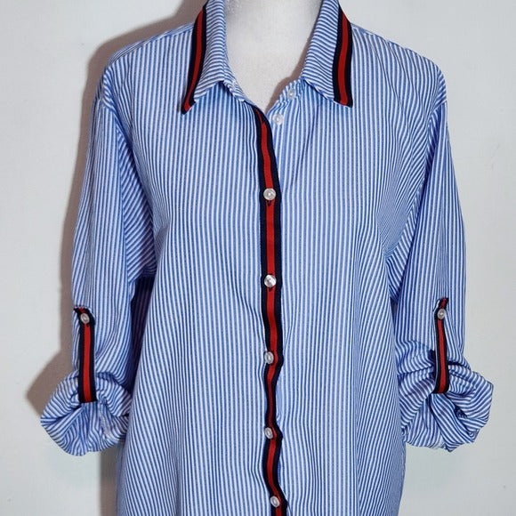 Love J Blue Striped Button-Up Tunic Shirt Size Large