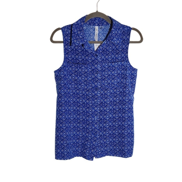 NY Collection Blue and White Print Sleeveless Button Down Shirt NWT Size Small