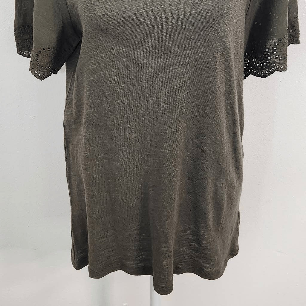 NY Collection Green Knit Top Eyelet Lace Sleeves NWT Size Small Green Blouse