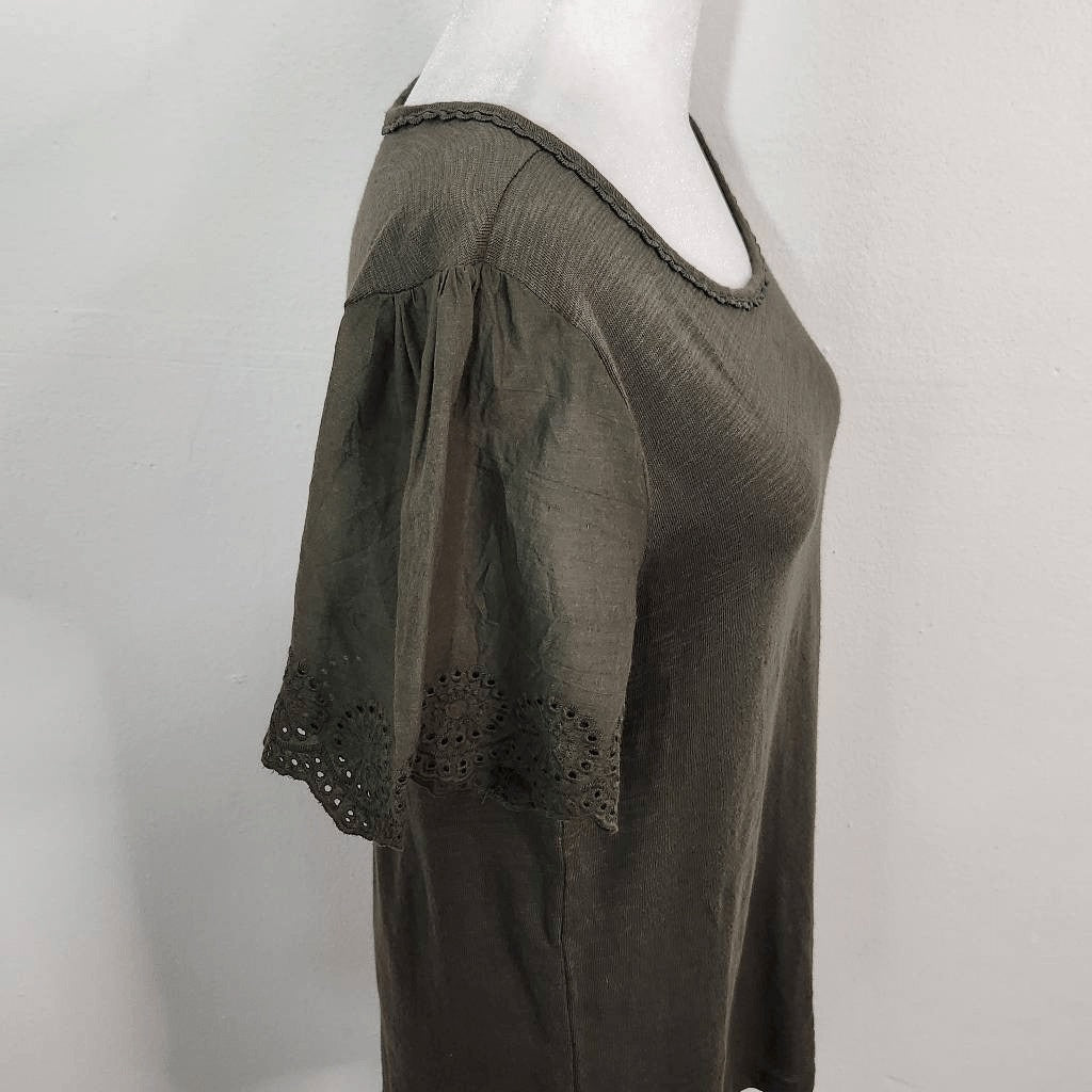 NY Collection Green Knit Top Eyelet Lace Sleeves NWT Size Small Green Blouse